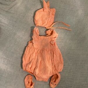Adorable bunny eyelet romper, bonnet and slippers 18 month